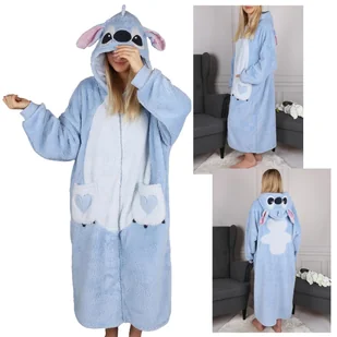 DISNEY Stitch Niebieska, damska bluza/szlafrok/koc z kapturem, snuddie, długa, zapinana na zamek XS-S - Piżamy damskie - miniaturka - grafika 1