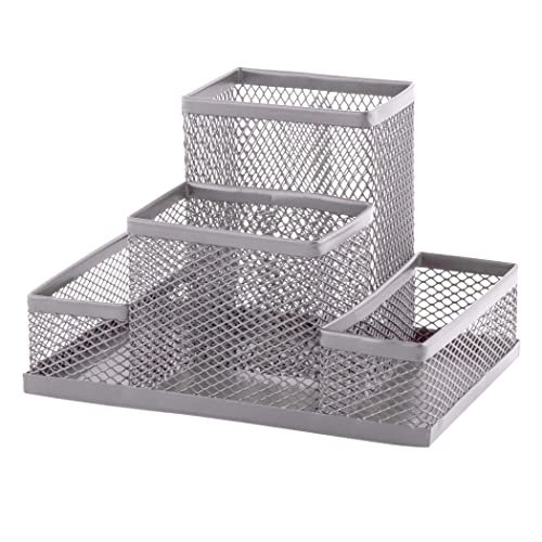 D.RECT Organizer na biurko, pojemnik na długopisy, organizer stołowy z metalu, z uchwytem na kartki z siateczki, 103 x 154 x 103 mm, srebrny