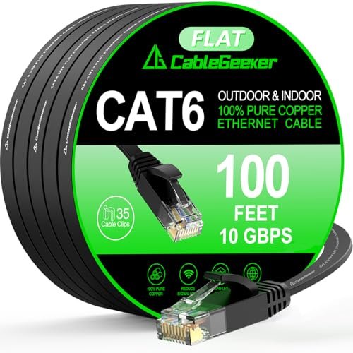 Kabel Ethernet Cat 6, 30 m, do wewnątrz i na zewnątrz, płaski kabel sieciowy o dużej prędkości, kabel krosowy Cat6, długi - czarny kabel LAN do komputera + bezpłatne klipsy i paski
