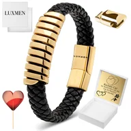 Bransolety męskie - Bransoletka Męska Skórzana Złota Z Grawerem Mocna Regulowana Na Prezent - miniaturka - grafika 1