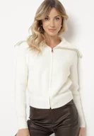 Swetry damskie - Biały Kardigan Dzianiny z Wełną z Golfem Zapinany na Suwak Zinellia - miniaturka - grafika 1