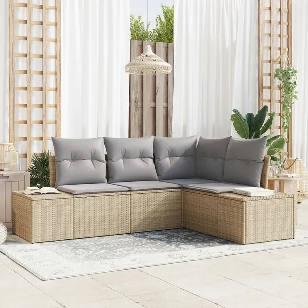 Zestaw Narożny Sofy Ogrodowej Rattan Beżowy, 4 Osoby, 60 cm Głębokość