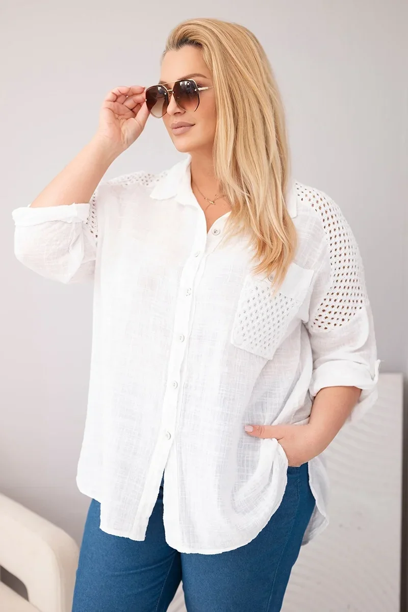 Koszula damska bawełniana Plus Size z kołnierzykiem i koronkową wstawką biała Biały