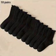 Skarpetki damskie - TEMU 10 par damskich czarnych skarpet do połowy łydki z falbankami i koronką / bezszwowe, długie, termiczne, wygodne, oddychające, codzienne, na - miniaturka - grafika 1