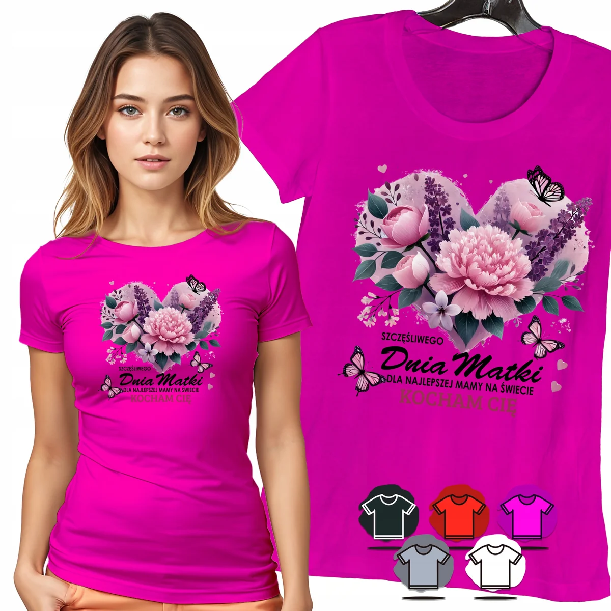 KOSZULKA DAMSKA T-SHIRT - SZCZĘŚLIWEGO DNIA MATKI RÓŻOWE KWIATY WZÓR - XXL