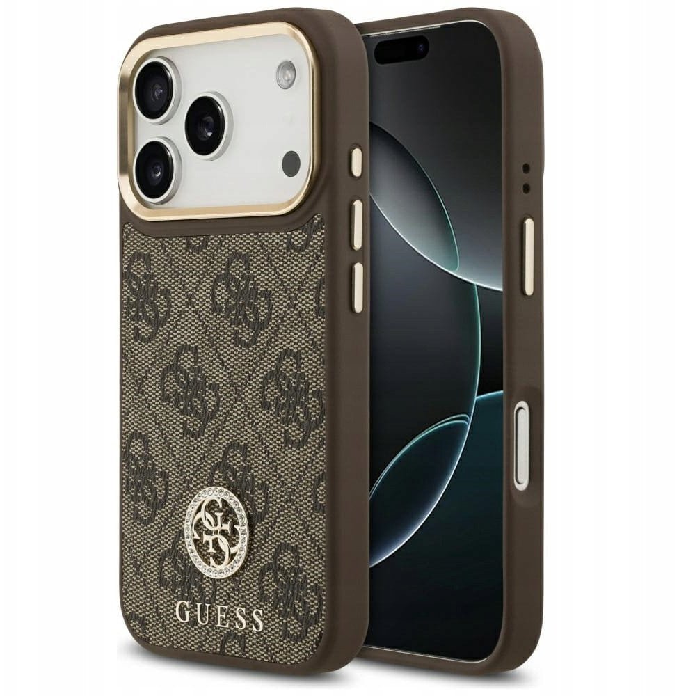 Etui Guess 4G Strass Logo MagSafe do iPhone 17 Pro brązowy