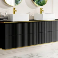 Szafki łazienkowe - Szafka pod umywalkę wisząca ryflowana ze złotą listwą - Czarny - 150 cm - KELIZA - miniaturka - grafika 1