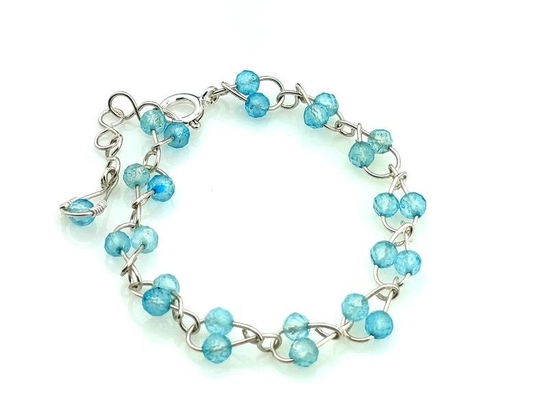 Błękitny topaz - bransoletka ze srebra Ag999, obwód od 15 do 17.5 cm, waga 5.9 grama, prezent 4 rocznica ślubu, rękodzieło