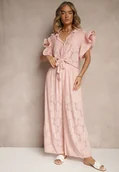 Komplety damskie - Różowy Komplet Ażurowy Bluzka o Koszulowym Kroju i Spodnie z Szeroką Nogawką Linaniria - miniaturka - grafika 1