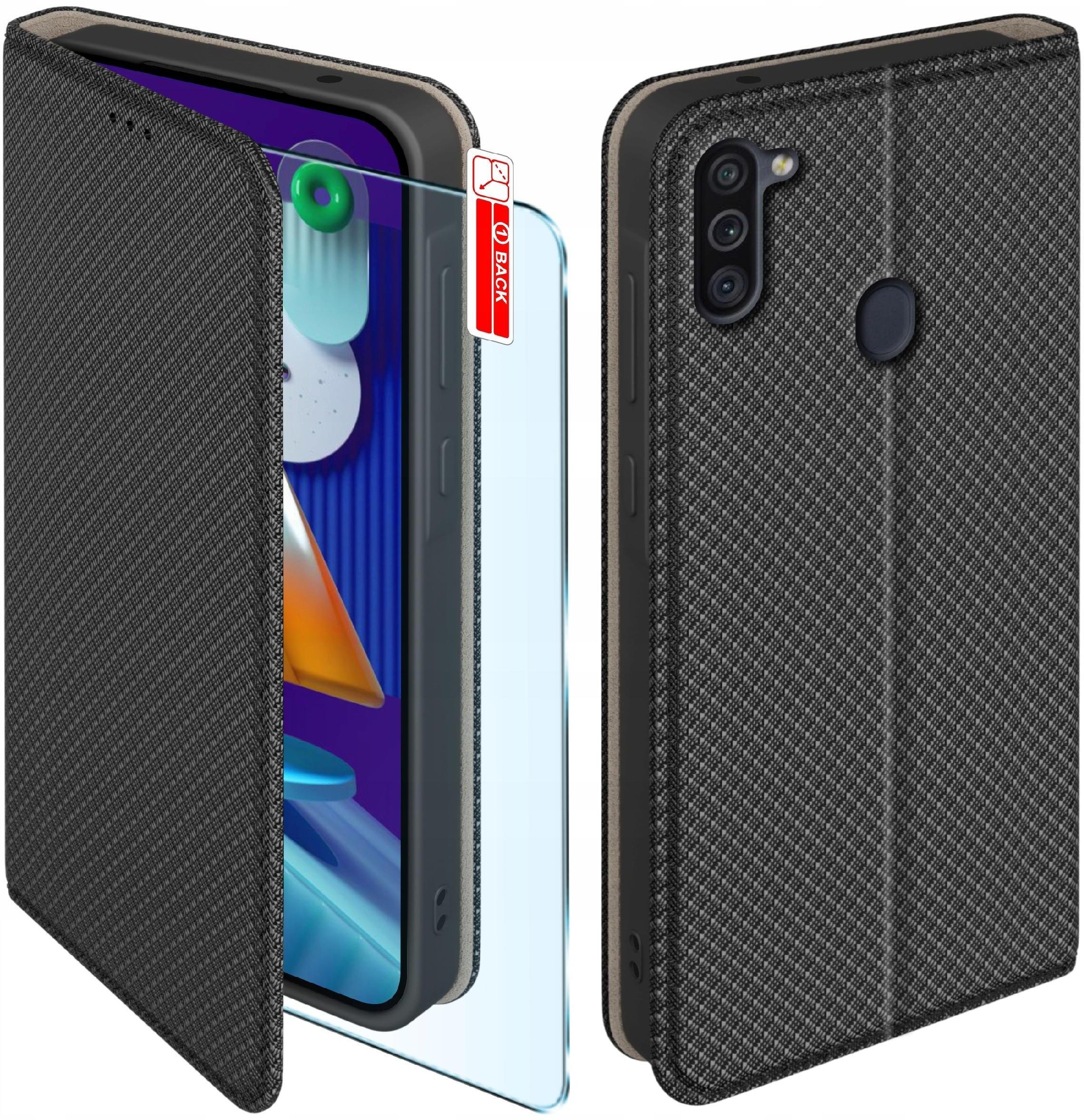 Etui z klapką do Samsung A11 Zamykane Czarne Futerał + Szkło 9H