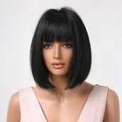 Ozdoby do włosów - Peruka czarna krótki bob peruki damskie + czepek - miniaturka - grafika 1