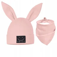 Czapki damskie - Komplet dziecięcy CZAPKA + CHUSTKA RÓŻ 44-48 BAWEŁNA 95% USZY KRÓLIKA - miniaturka - grafika 1