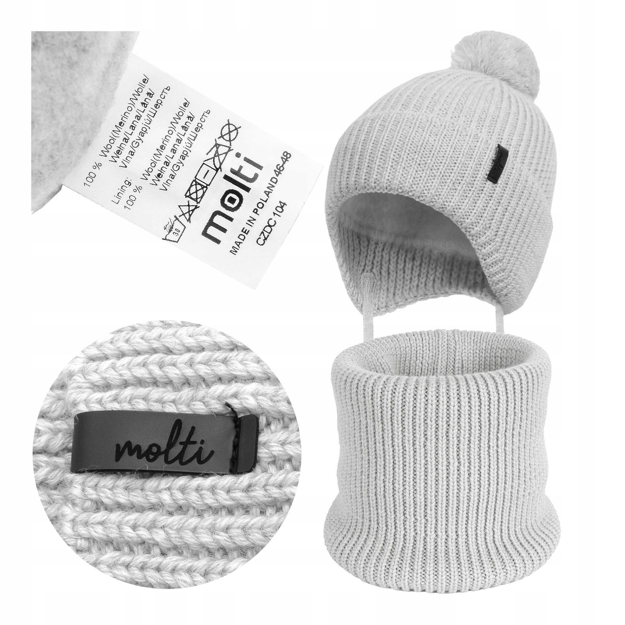 Czapka dziecięca Zimowa komin komplet Wełna Merino ocieplana pompon 46-48