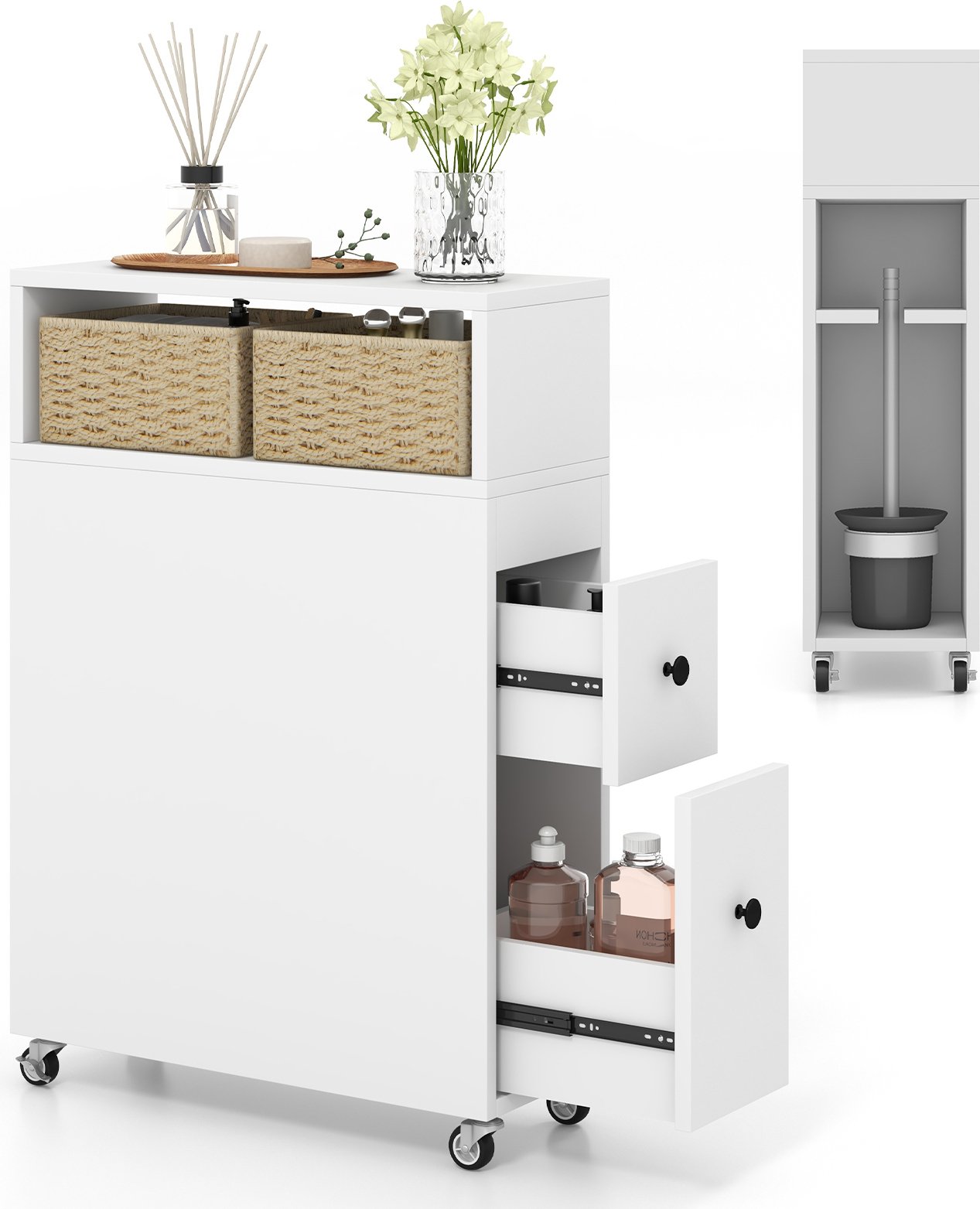 COSTWAY Wózek wnękowy z kółkami, szufladami, wiklinowymi koszami i uchwytami na szczotki, wąska szafka łazienkowa, wolnostojąca szafka toaletowa, szafka wnękowa do łazienki, kuchni, 50 x 19 x 72 cm, biały