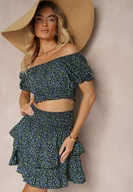 Komplety damskie - Granatowy Komplet w Kwiaty Bluzka Hiszpanka Spódnica z Falbankami i Gumką w Talii Ristelle - miniaturka - grafika 1