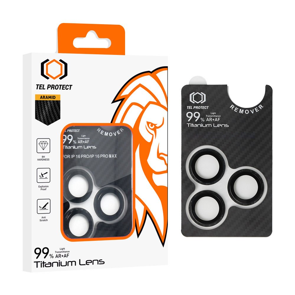 Hartowane szkło Tel Protect Titanium Lens 99% AR Aramid Series na aparat do Iphone 16 Pro/16 Pro Max (obiektyw 3 sztuki)