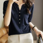 Swetry damskie - TEMU Jednokolorowa Koszulka z Krótkim Rękawem i Dekoltem w Serek dla Kobiet, Lekka i Luźna Modna Bluzka, Prosty i Elegancki Wygląd - miniaturka - grafika 1