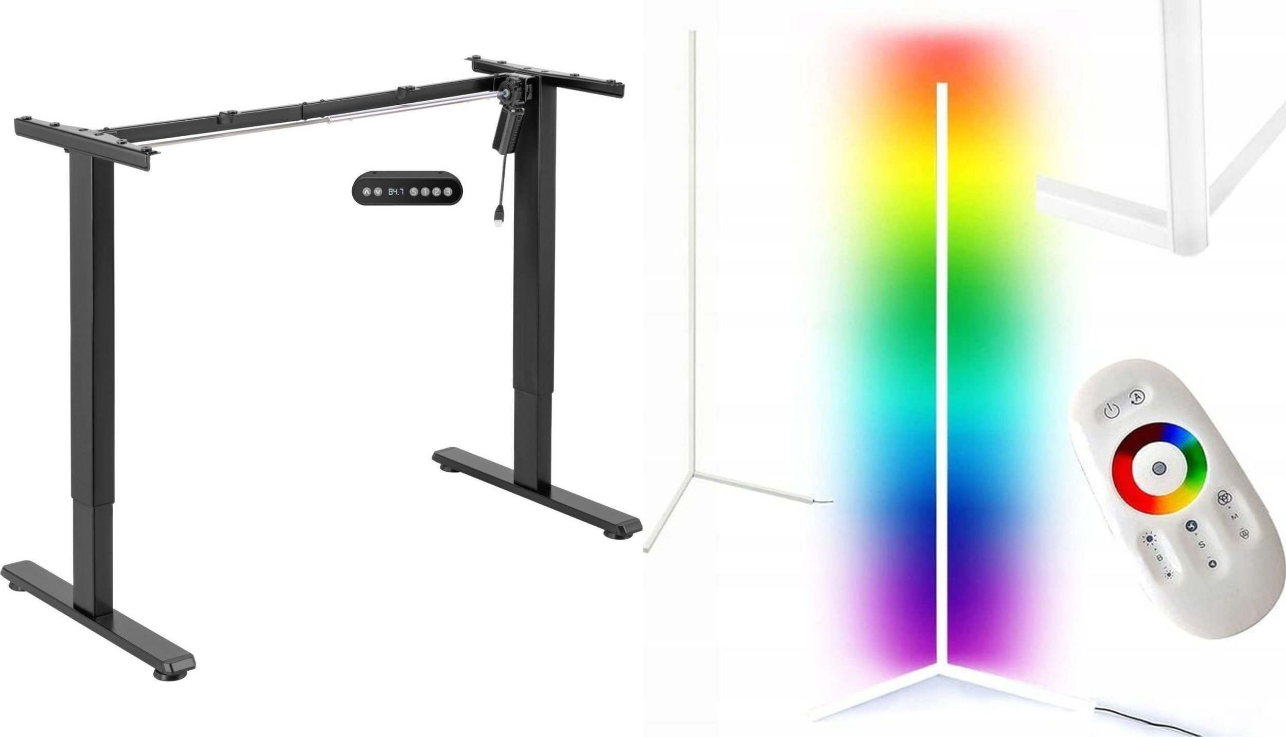 Mozos Stelaż do biurka czarny z elektryczną regulacją wysokości EDF-PRO-BK + Lampa podłogowa narożna LC-RGB LED biała