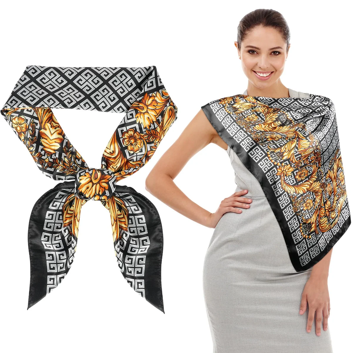 SZALIK DAMSKI KWADRATOWY 90 CM SATYNA CZARNO-BIAŁY ZŁOTE KWIATY UNIWERSALNY