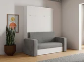 Łóżka - Łóżko chowane w szafie z kanapą 140 x 200 cm - Manualne otwieranie pionowe - Biały i szary + Materac - VACIALA II - miniaturka - grafika 1