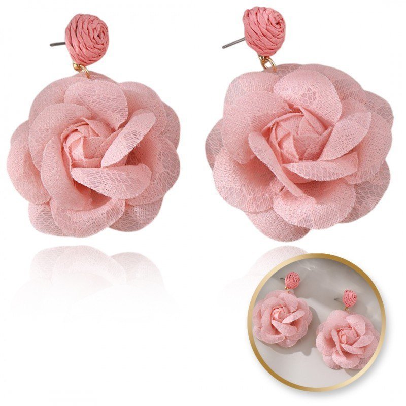 Kolczyki Wiszące, Efektowne Koronkowe Kwiat, Różowa Róża Sztyft K1707