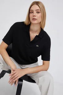Lacoste T-shirt PF0504 damski kolor czarny z kołnierzykiem PF0504-001 - Koszulki i topy damskie - miniaturka - grafika 1