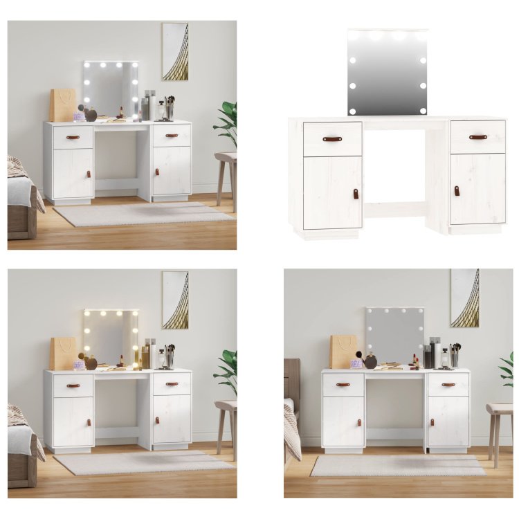 vidaXL Zestaw toaletek z diodami LED z białego litego drewna sosnowego - Zestaw toaletek - Zestawy toaletek - Toaletka - Toaletka