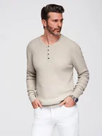 Swetry męskie - Męski prążkowany sweter z guzikami przy dekolcie - beżowy V3 OM-SWSW-0182 - Ombre Clothing - miniaturka - grafika 1