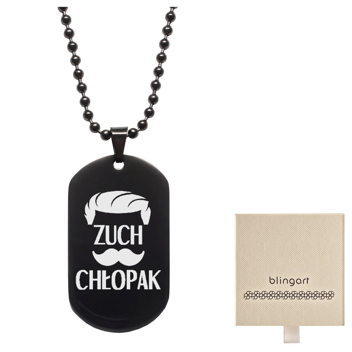 Czarny nieśmiertelnik z łańcuszkiem + TWÓJ GRAWER