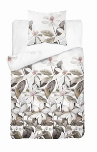 Pościel satynowa 140x200 Biała z beżowymi liśćmi i kwiatami – naturalna elegancja, 100% bawełna - Home Satin - Pościel - miniaturka - grafika 1