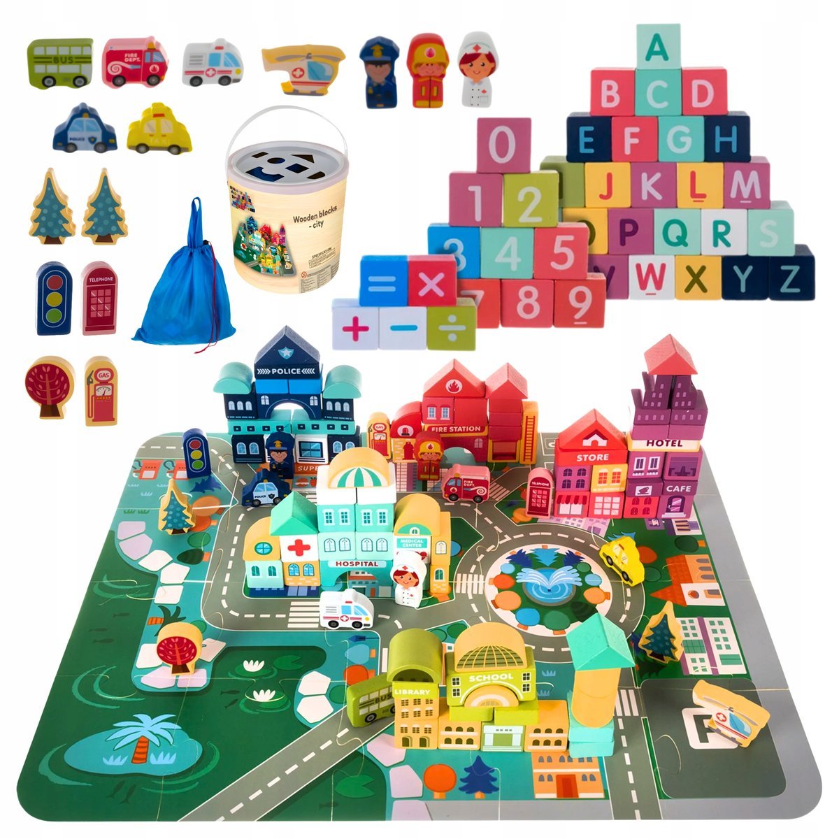 Klocki Drewniane Miasto Zestaw + Puzzle Mata 100 Elementów Kreatywna Zabawa