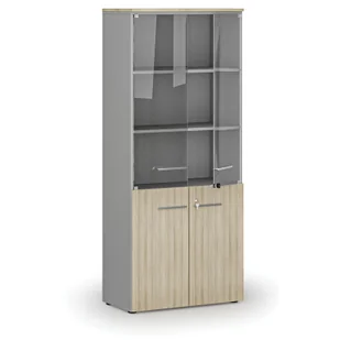 Szafa biurowa kombinowana z drzwiami drewnianymi i szklanymi PRIMO GRAY, 1781 x 800 x 420 mm, szary/dąb naturalny - Szafy biurowe - miniaturka - grafika 1