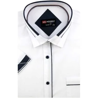 Koszule męskie - Koszula Męska Elegancka Wizytowa do garnituru gładka biała z lamówką z krótkim rękawem w kroju SLIM FIT Modely N847 - grafika 1