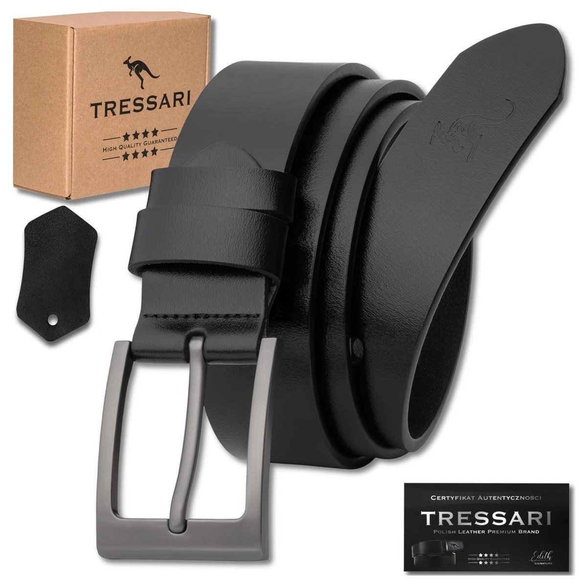 Męski pasek skórzany 100% skóra naturalna czarny do spodni TRESSARI
