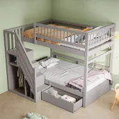 Łóżka dla dzieci i młodzieży - Łóżko piętrowe 90x200 cm - z barierką zabezpieczającą - z listwową podstawą - z 1 szufladą - szare (bez materaca) - miniaturka - grafika 1