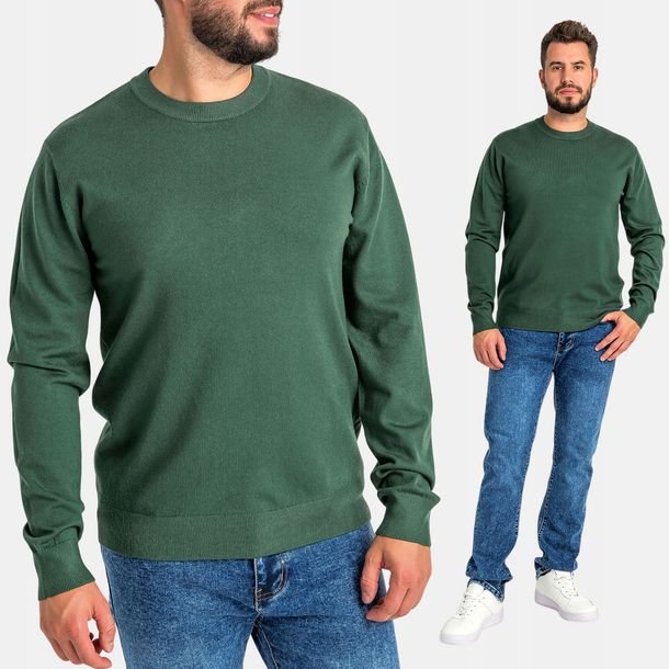 Sweter Męski z Wiskozą Klasyczny Pullover Gładki Okrągły Dekolt Zielony L