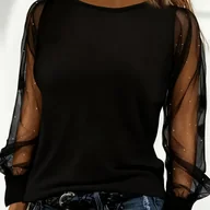 Swetry damskie - TEMU Elegancka damska bluzka z siateczki - bluzka z długim rękawem i okrągłym dekoltem, z z siateczki, casualowy, szykowny strój na jesień/zimę, na - miniaturka - grafika 1