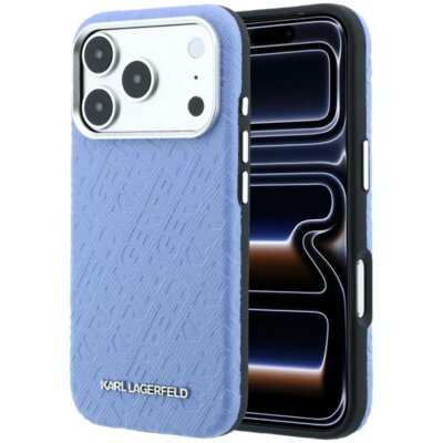 Etui KARL LAGERFELD Grained Allover Logo Metal Elongated MagSafe do Apple iPhone 17 Pro/18 Pro Niebieski