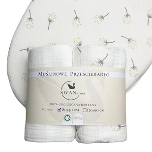 2-pack prześcieradło muślinowe do gondoli Białe + Białe w dmuchawce, SwanStore - Prześcieradła dla dzieci - miniaturka - grafika 1