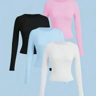 Bluzki damskie - TEMU 4 szt. Damskie Bluzki z Okrągłym Dekoltem i Długim Rękawem - Jednokolorowe, Dopasowany Fason (Czarny/Biały/Jasnoniebieski/Różowy) na Codzienność - miniaturka - grafika 1