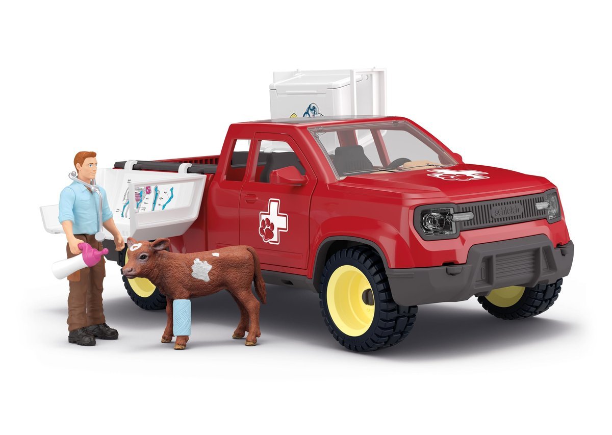 schleich FARM WORLD Wizyta weterynarza na gospodarstwie 42727 zestaw z pick‑upem, weterynarzem, cielęciem i akcesoriami prezent dla dzieci od ..