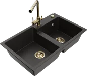 Zlewozmywaki z baterią - Mexen Tomas zlewozmywak granitowy 2-komorowy z baterią kuchenną Duero, czarny/złoty metalik - 6516-75-671600-50 - miniaturka - grafika 1