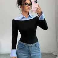 Koszule damskie - TEMU 2025 Jesień/ Dopasowana Koszula z Kołnierzykiem Dwa w Jednym, Długi Rękaw, Vintage Kolorowy Kołnierzyk, Dopasowana Seksowna Koszulka z Długim - miniaturka - grafika 1