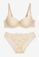 Komplety bielizny - Jasnobeżowy Koronkowy Komplet Biustonosz i Figi Ozdobione Kokardą Iririth - miniaturka - grafika 1