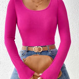 TEMU Prążkowany T-shirt Z Okrągłym Dekoltem, Swobodny Top Z Długim Rękawem Na Wiosnę I Jesień, Odzież Damska - Bluzki damskie - miniaturka - grafika 1