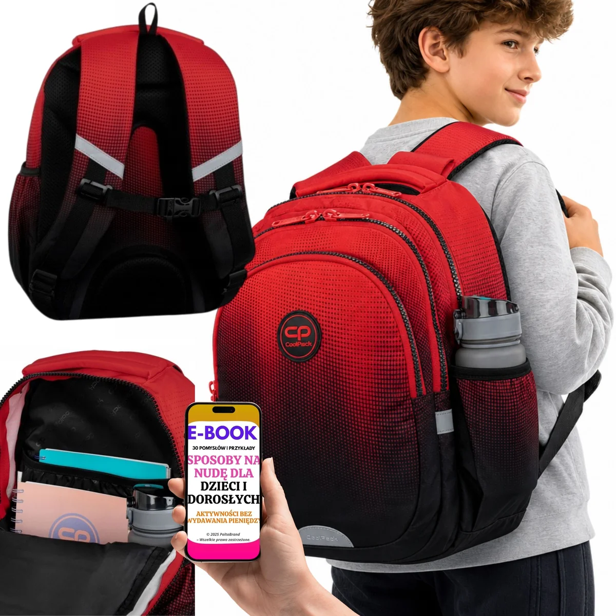 PLECAK SZKOLNY MŁODZIEŻOWY CoolPack JERRY Czerwony 19L 3 Komory A4 + E-BOOK-3