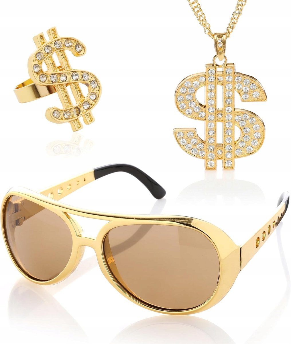 AKCESORIA HIP HOP LATA 70 80 90 ZŁOTE OKULARY ŁAŃCUCH DISCO NA HALLOWEEN