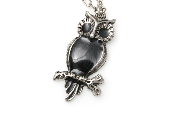 Długi Wiszący Naszyjnik Sowa Retro Grafitowy