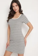 Sukienki - Jasnoszara Bawełniana Sukienka w Paski o Dopasowanym Kroju Tiamirene - miniaturka - grafika 1