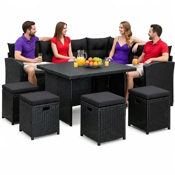 Zestaw ogrodowy z rattanu PE czarny z poduszkami, sofa narożna 174x174x71,